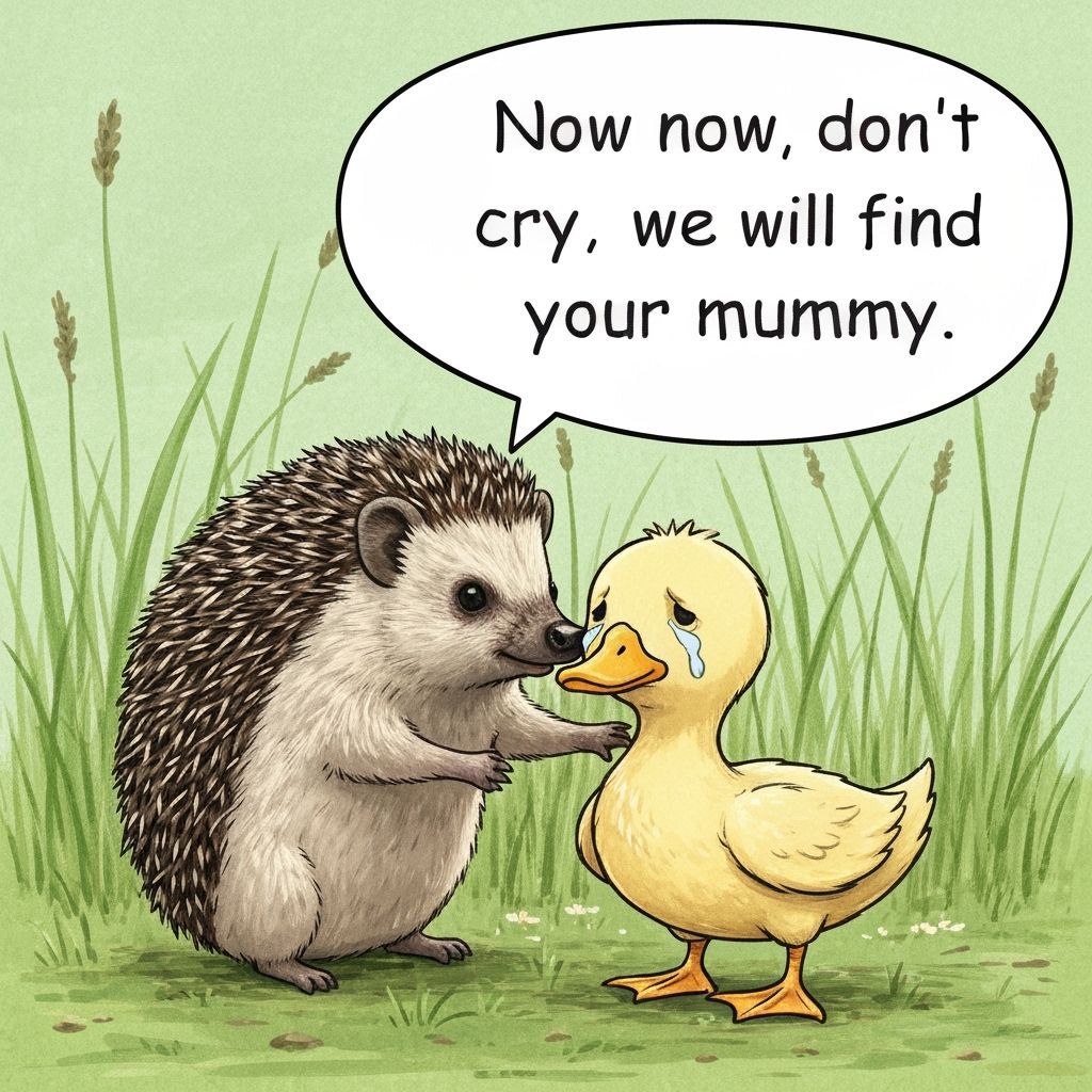 Hedgehog Comforts Crying Duckling in High Grass