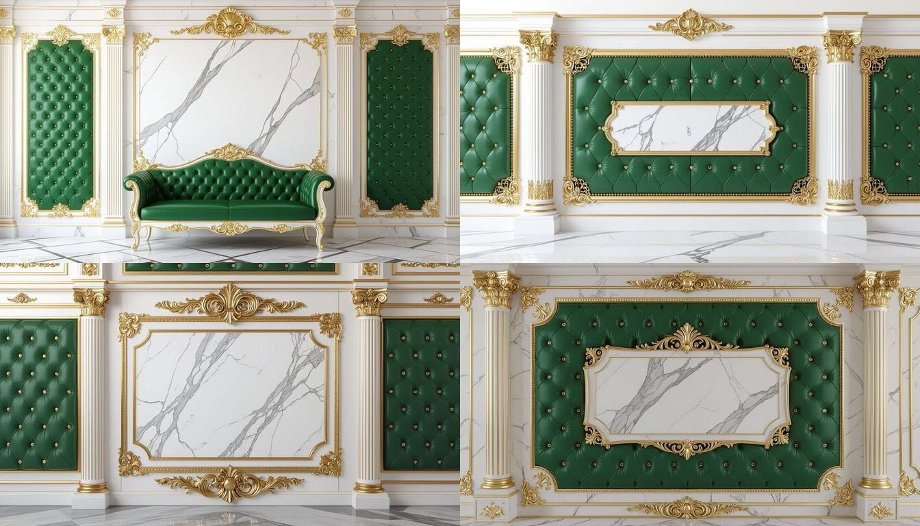Royal Wall Panel with Marble, Gold, and Emerald Leather
