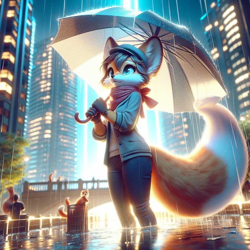 Fox Girl in Rainy Cityscape, 3D Rendered