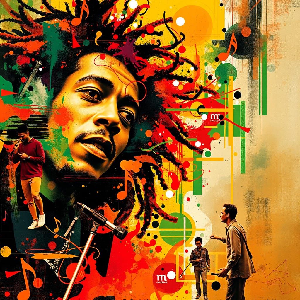 Abstract Musical Fusion, Bob Marley, Jimi Hendrix, music mas...