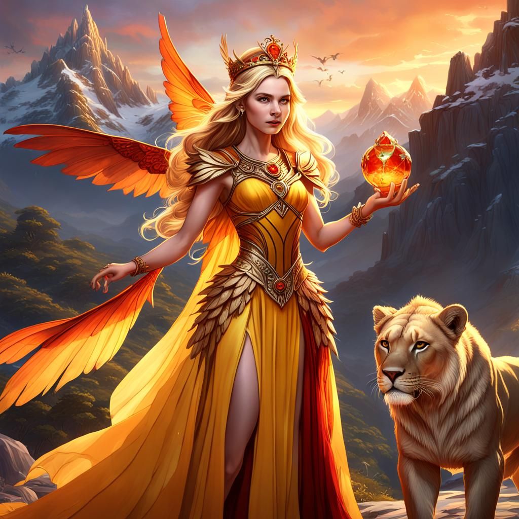 Fairy goddess standing next to a fierce lioness