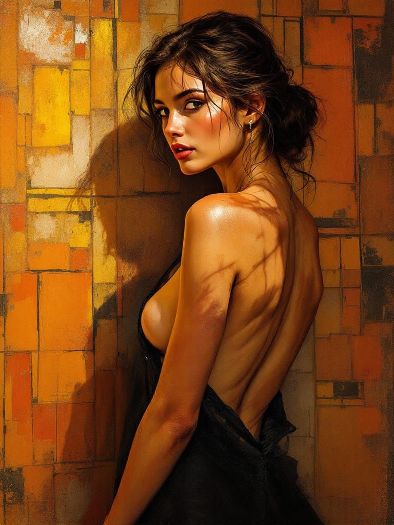 Woman Aligns with Geometric Wall Art in Golden Hour