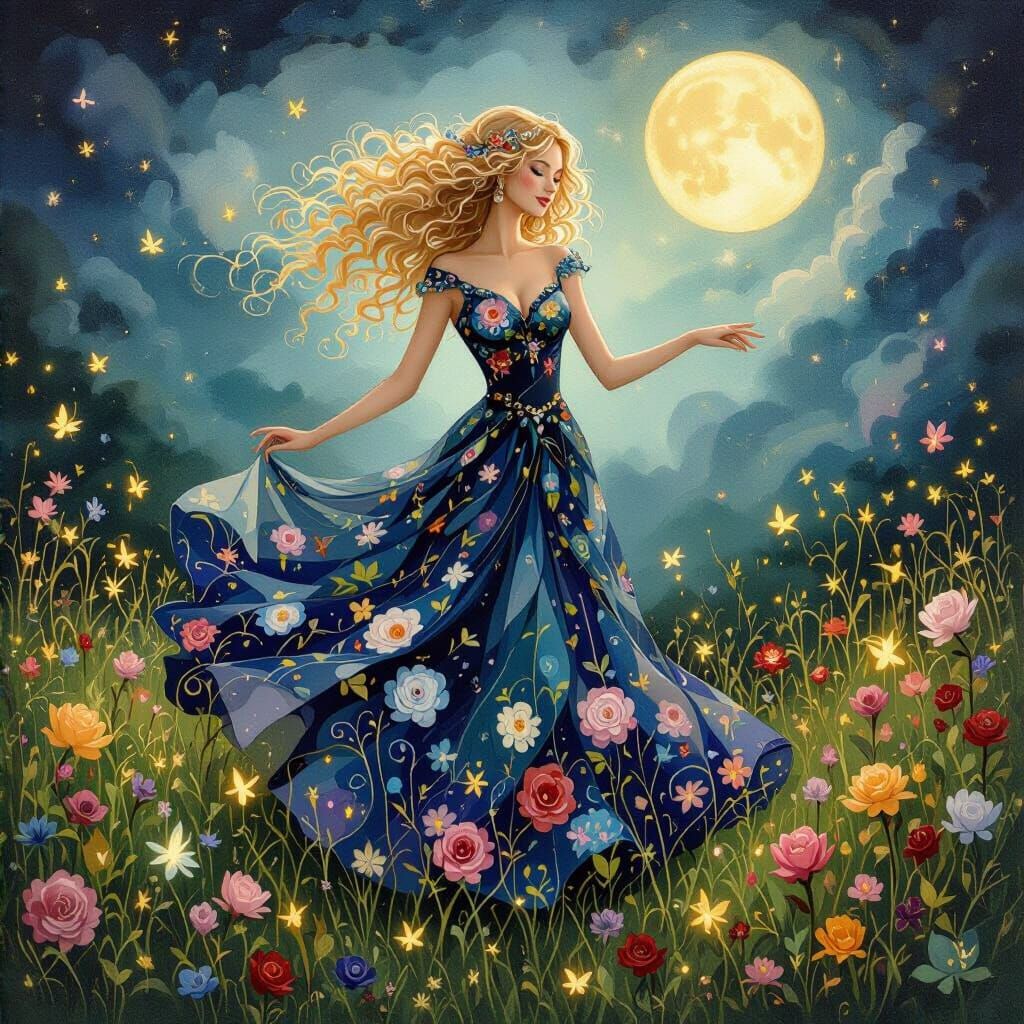 Navy Floral Gown in Moonlit Garden, Alcohol Ink Style