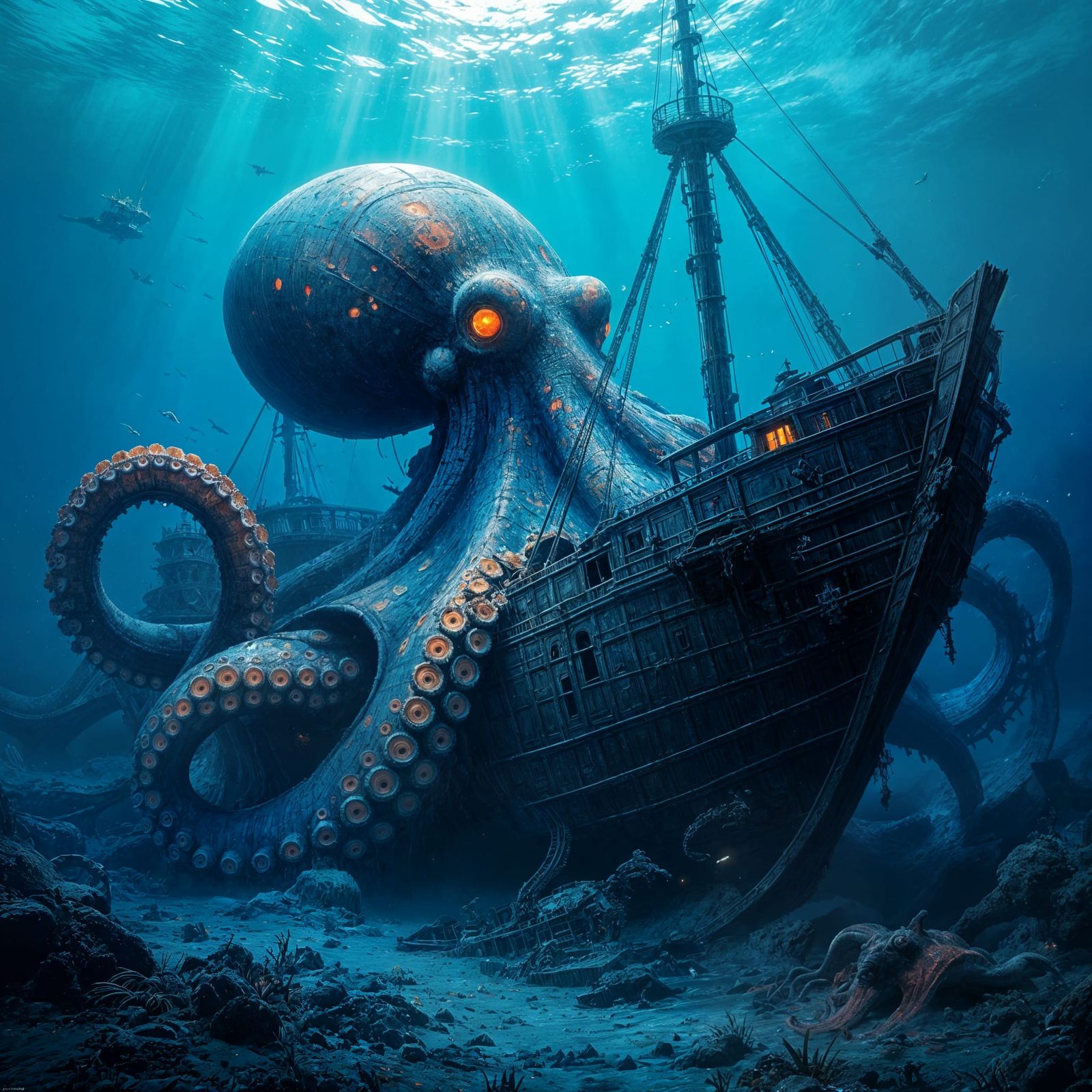 Underwater Shipwreck Enveloped by Giant Octopus