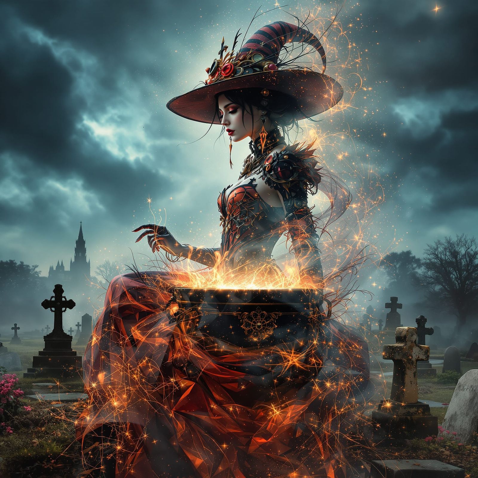 Gothic Steampunk Witch Double Exposure With Cauldron