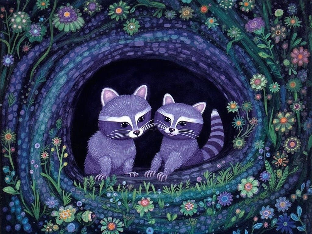 Baby Raccoons in Fairytale Forest Illustration