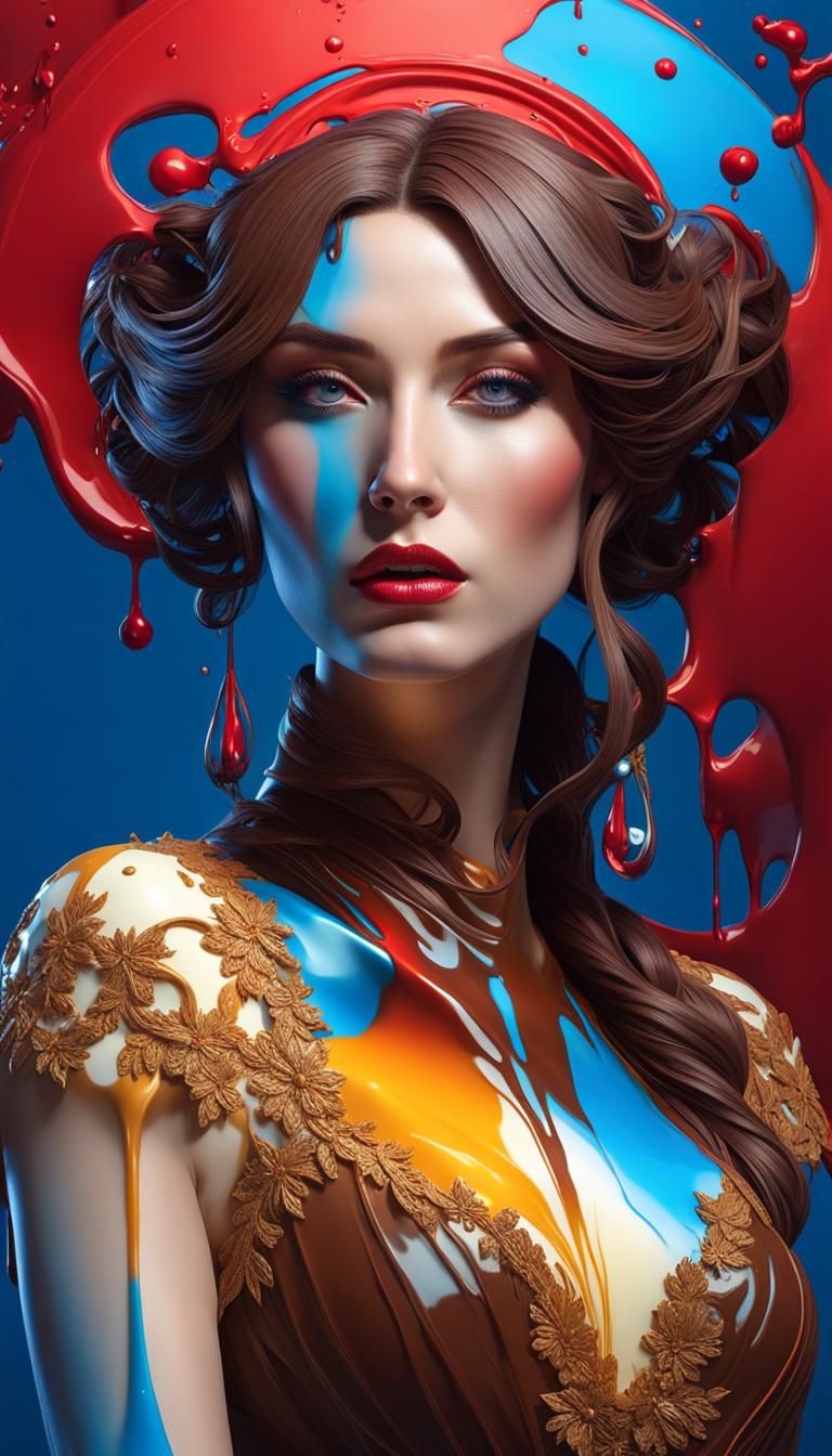 Abstract  Illusion of  Creme choco honey-milk cheese cake,   juice  dripping ,  blue-red lace  fragile beauty , strow