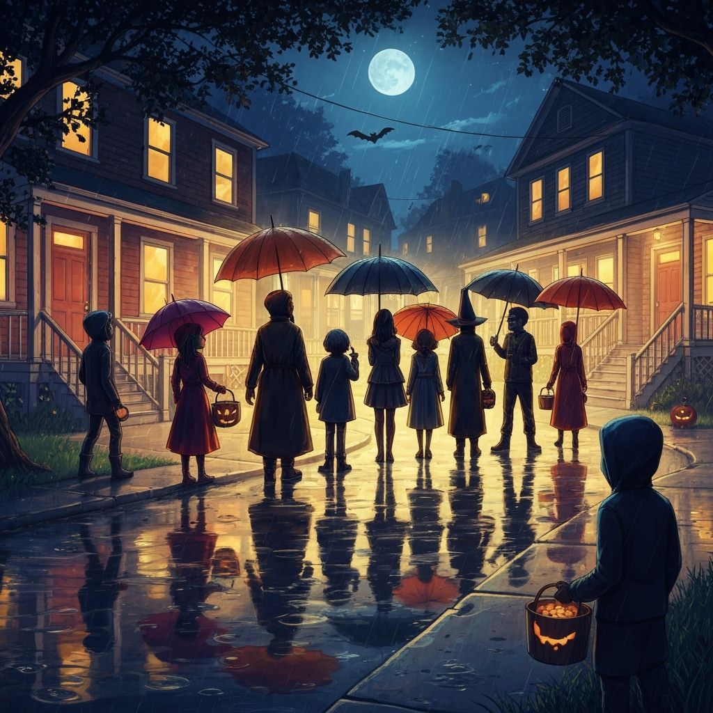 Halloween Trick-or-Treaters with Umbrellas in Rainy Night Sc...