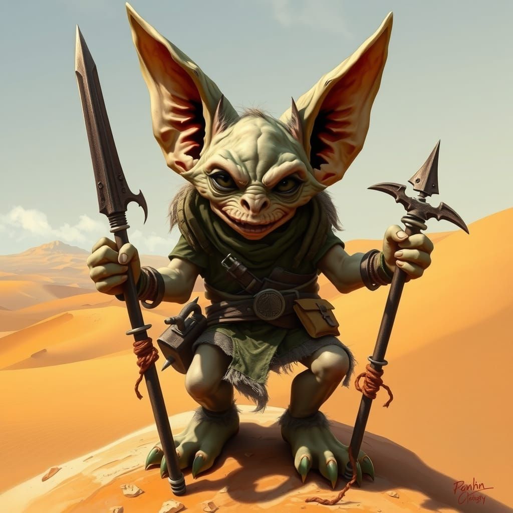 D&D type goblin with sandy tanned skin, ugly goblin face wit...