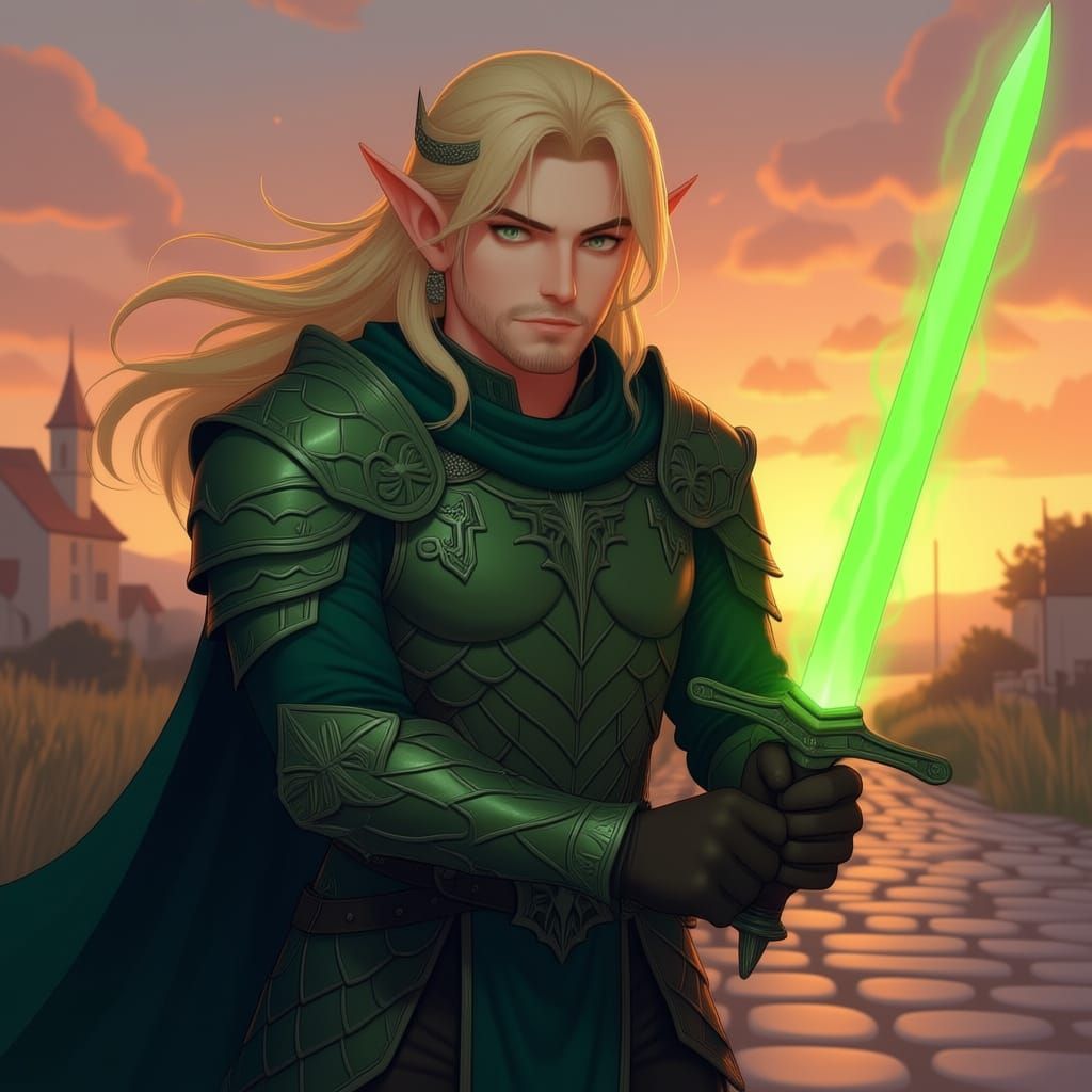 Anime Elf Warrior Walking at Sunset