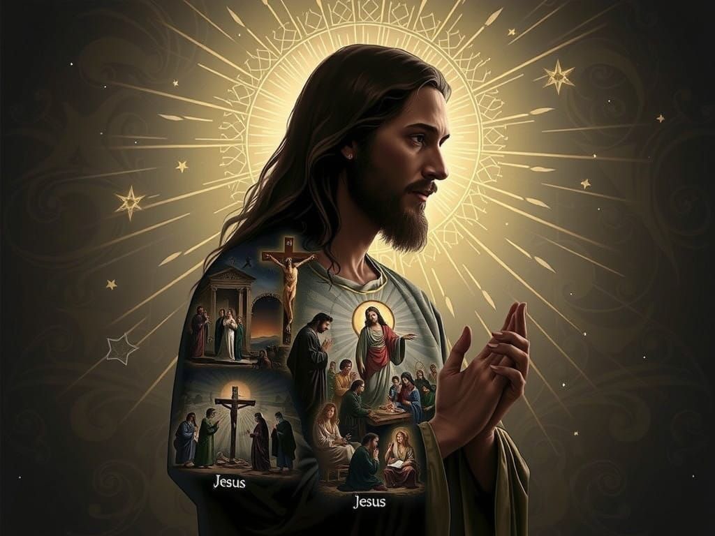 Serenely Gazing Jesus in Renaissance-Inspired Double Exposur...