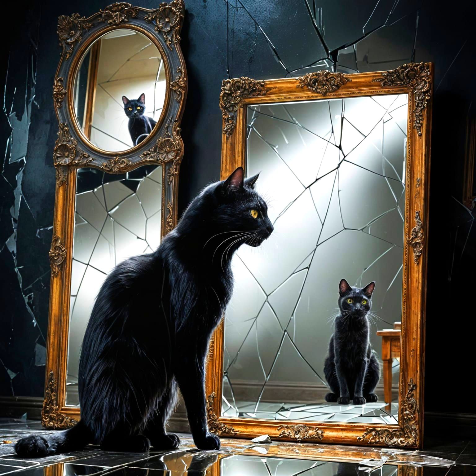 Black cat standing in front of a mirror that is full of crac...