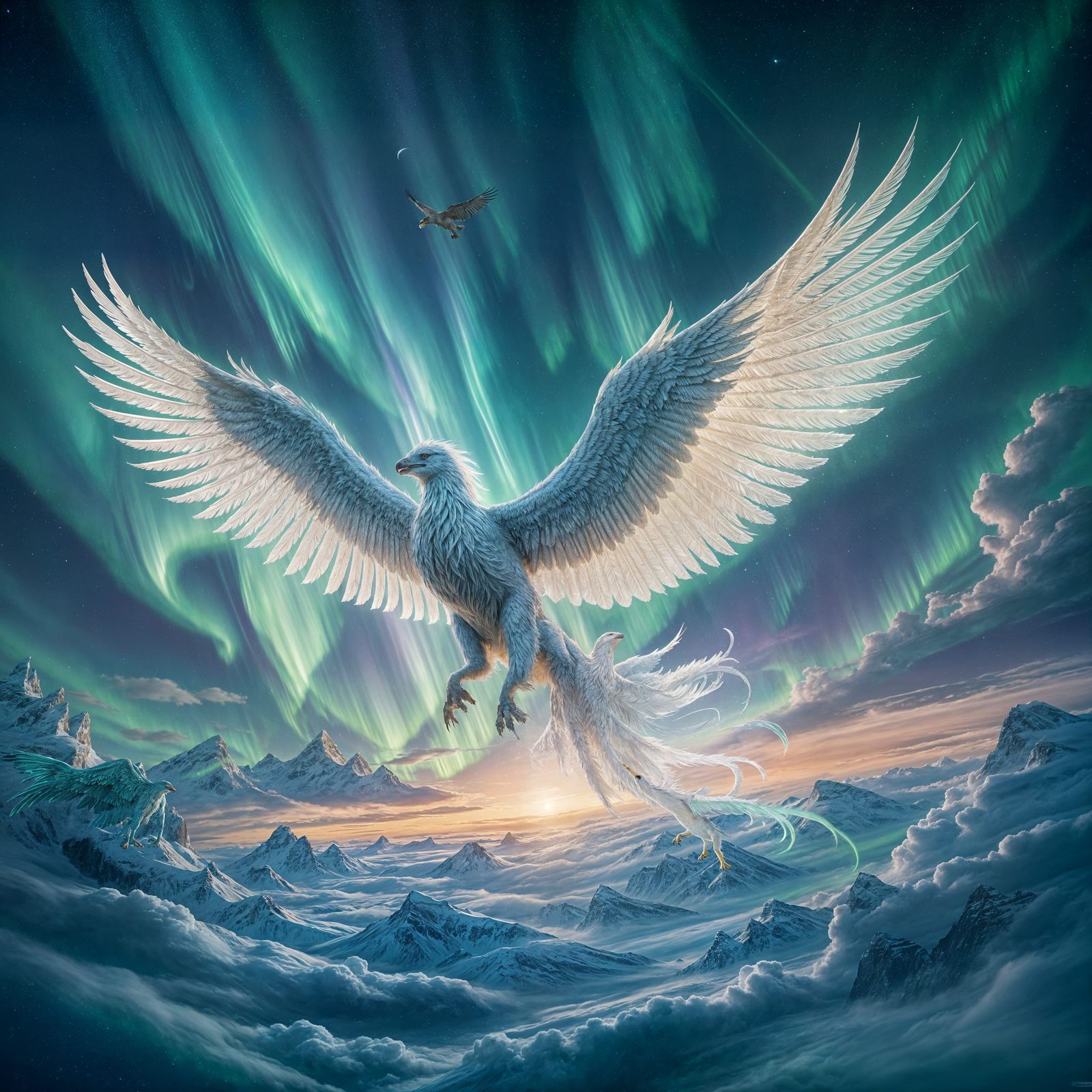Majestic Griffin Soars Through Aurora Borealis Sky