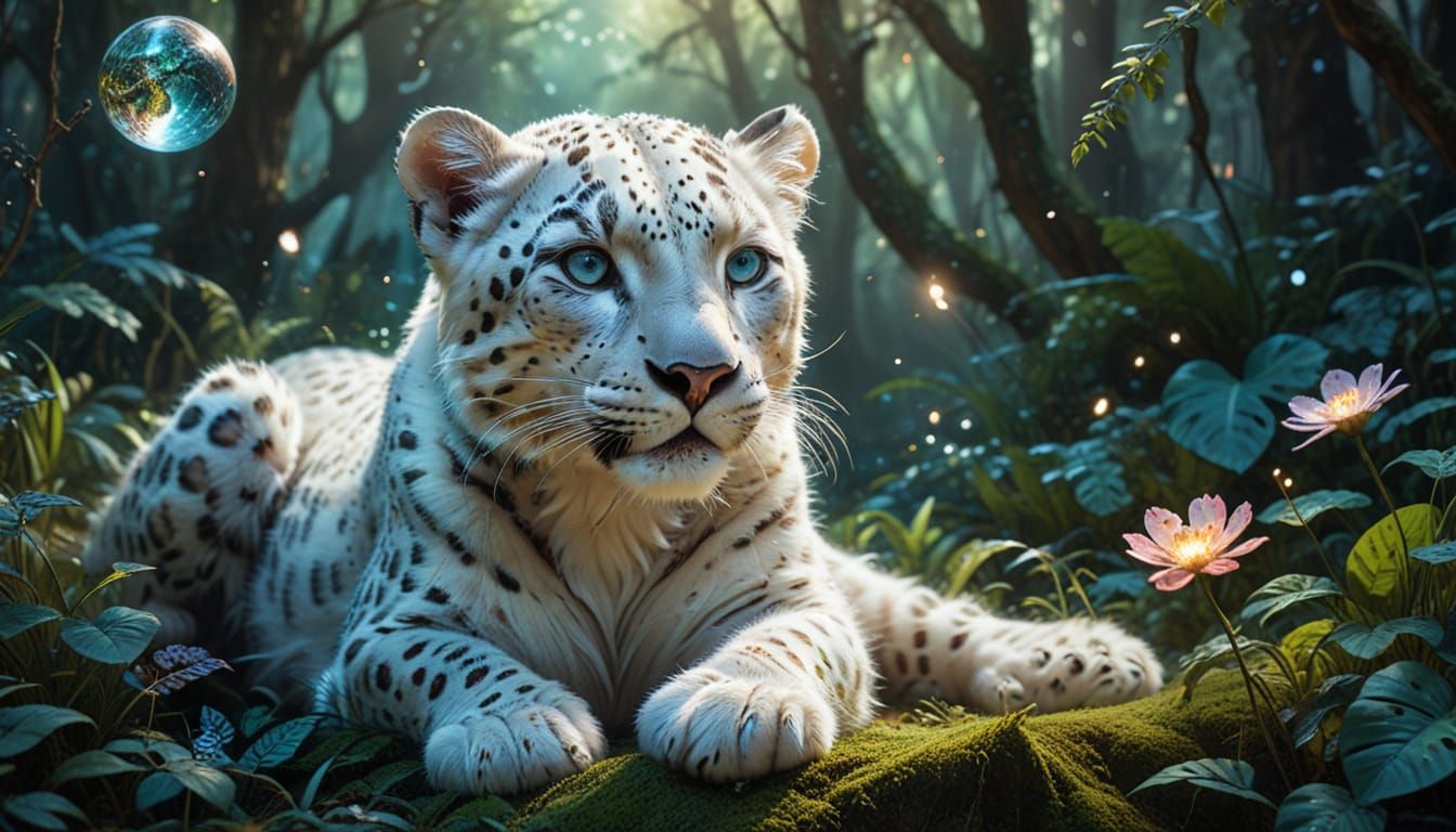 Baby White Leopard Plays With Luminescent Earth Orb in Mysti...