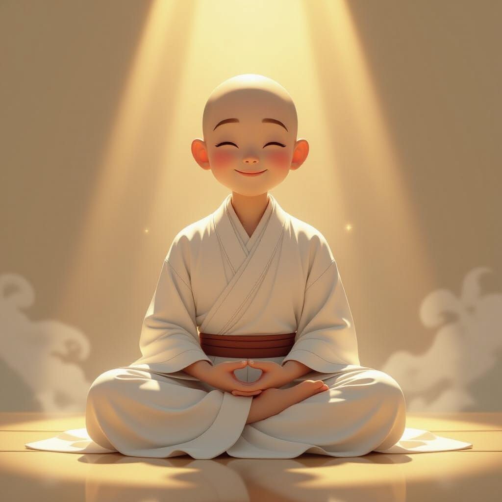 Cute Smiling Monk in Lotus Pose Digital Painting
