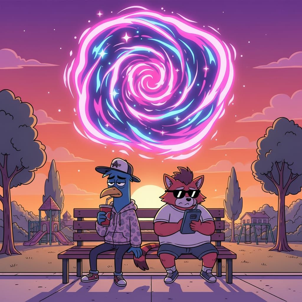 Quirky Characters in Park Portal, 80s Cartoon Style