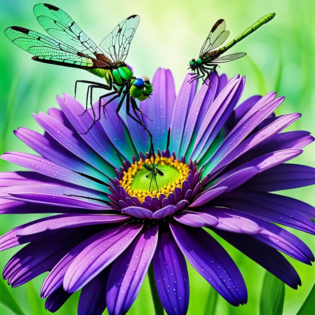 Purple Daisy with Dragonfly in Abstract Art Style
