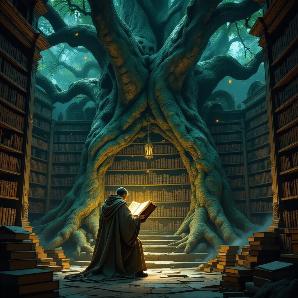 Scholar Reads Glowing Tome in Petrified Tree Library