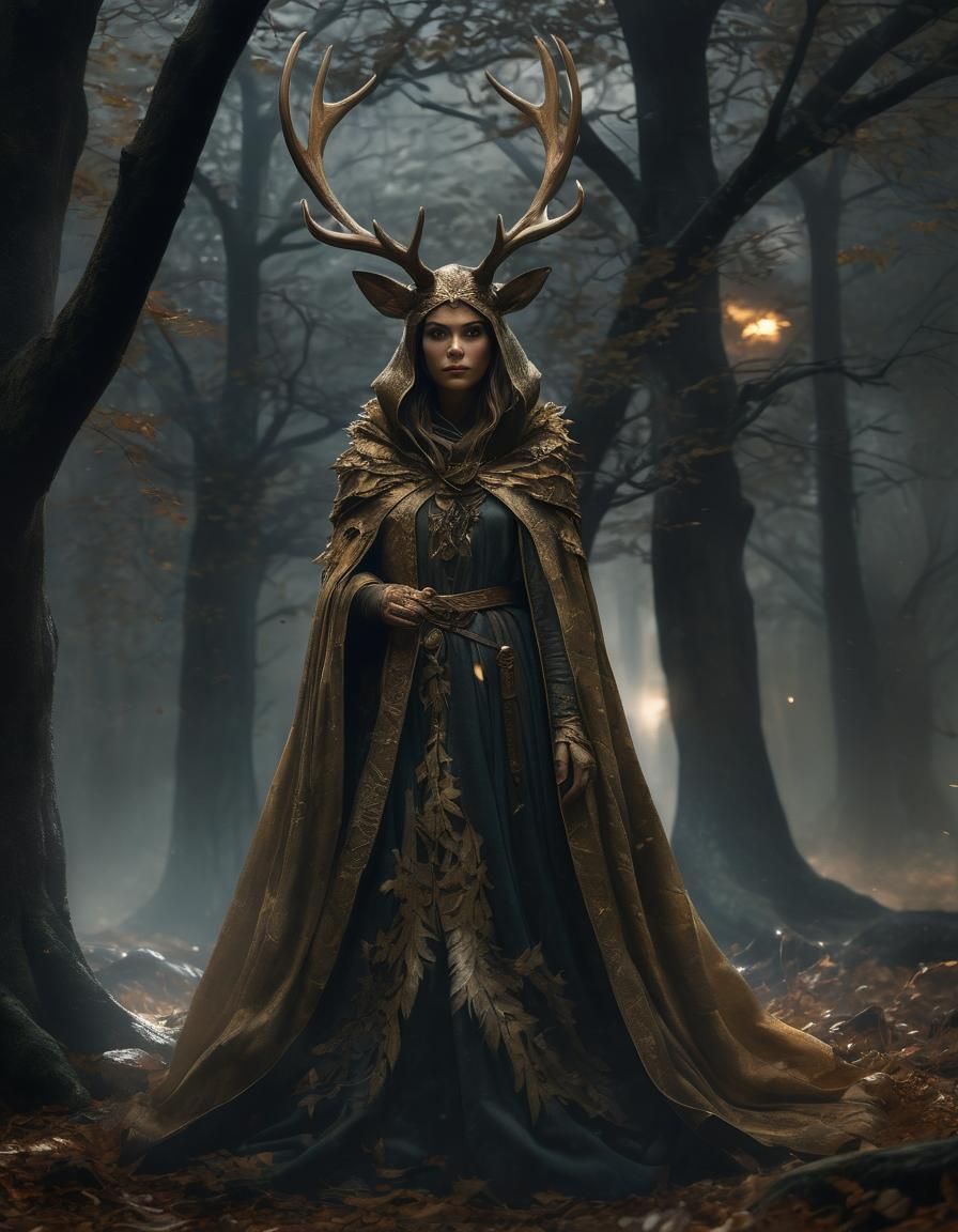 Antlered Woman in Misty Forest, Comic Book Art