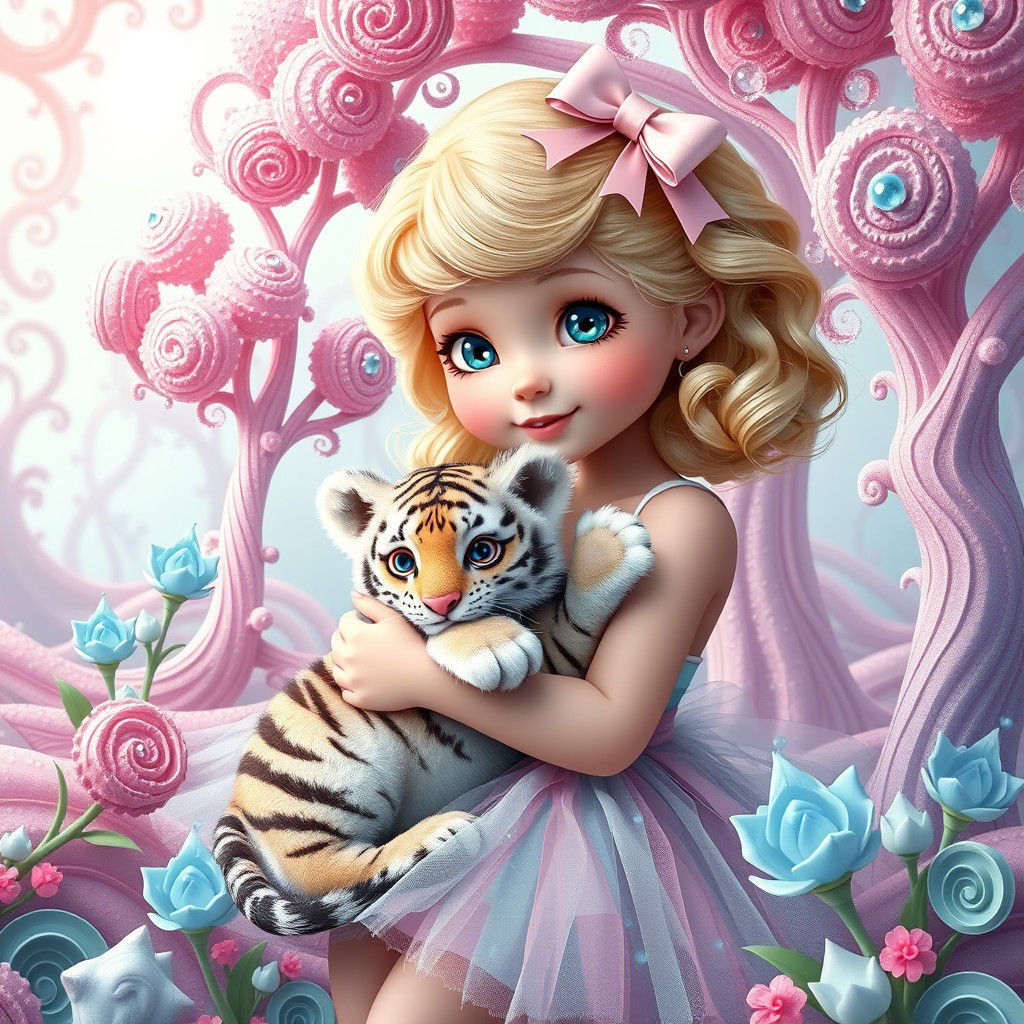 Girl Cuddling Tiger Cub in Candy Forest, Whimsical 3D Art