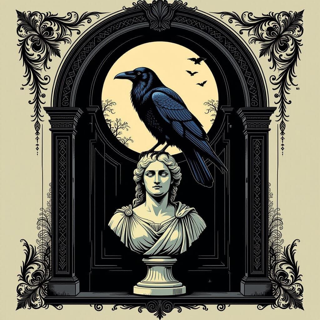 Raven Perched on Bust in Gothic Chamber