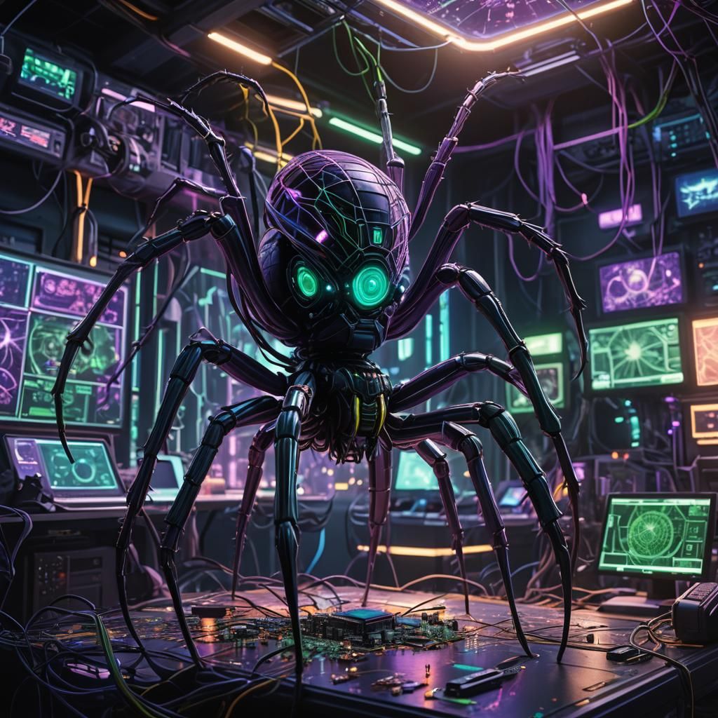Giant Spider Trimming Computer in Cyberpunk Style