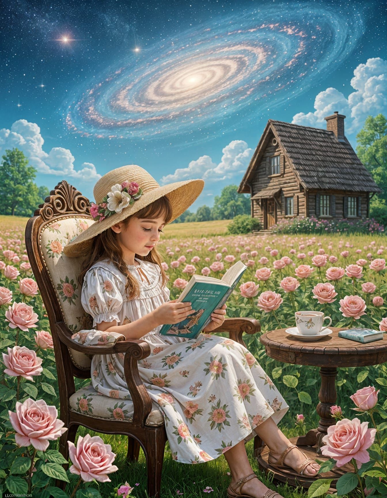 Girl Reading Beside Cottage in Floral Dress