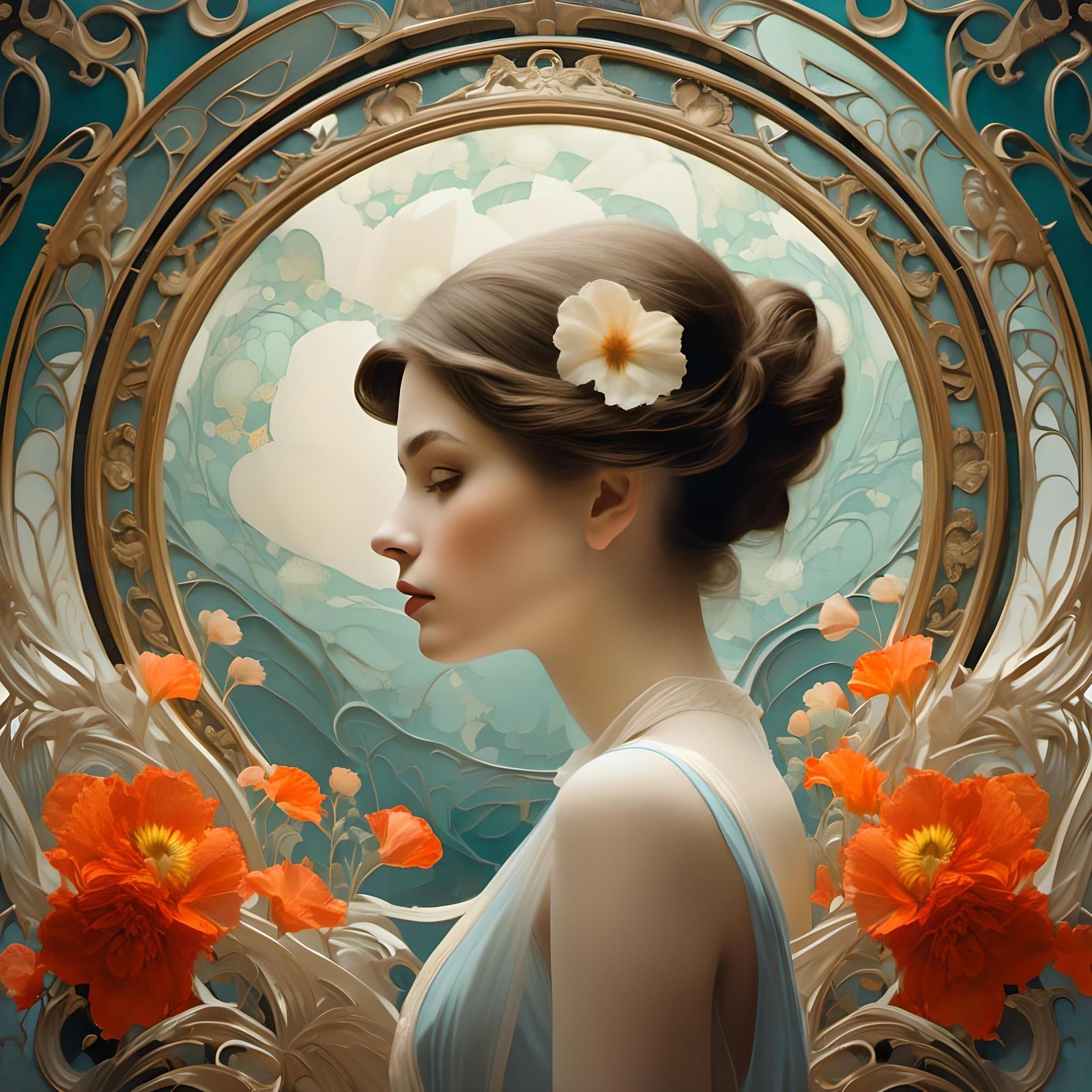 Romantic Woman in Art Nouveau Hyperrealism