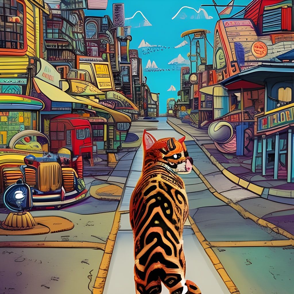 Rainbow Ocelot in Psychedelic Retro-Futuristic Town