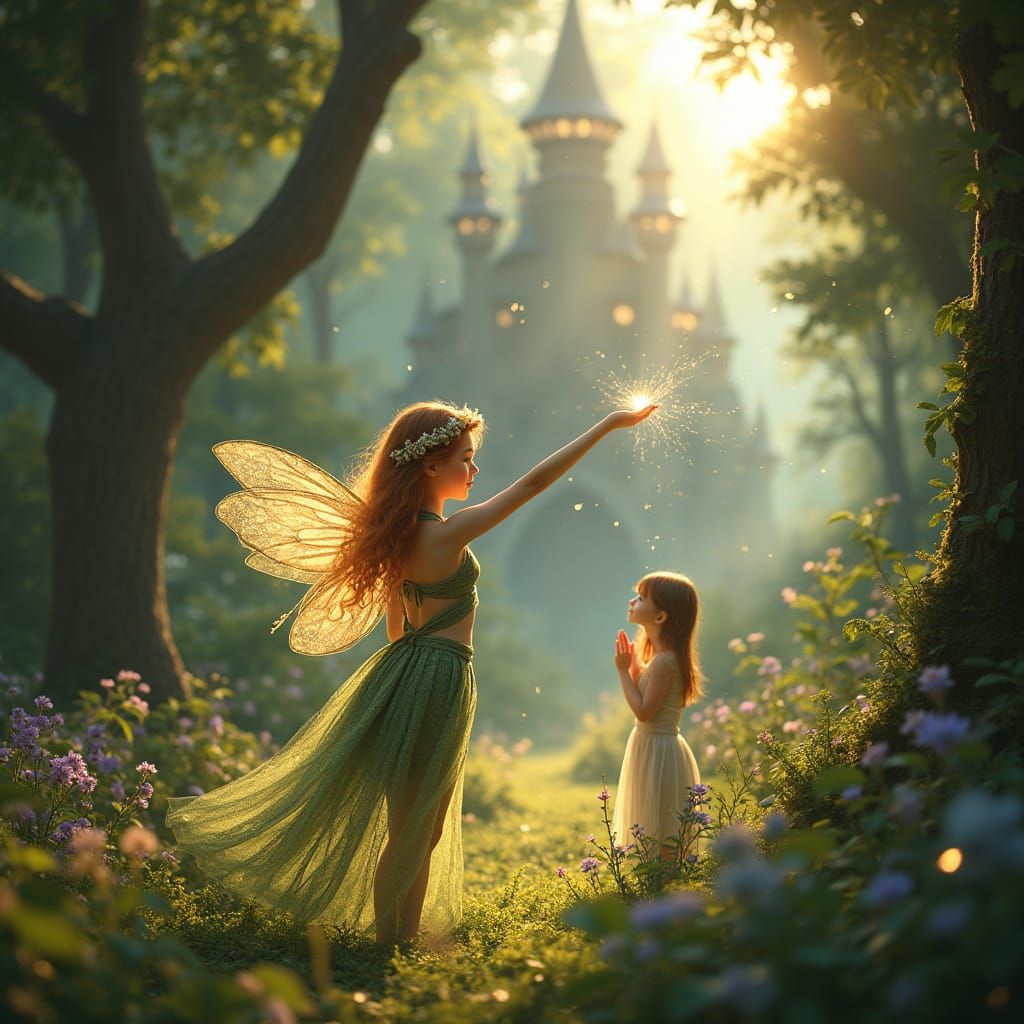 Fairies Throwing Sparks in a Dreamy Palace Garden
