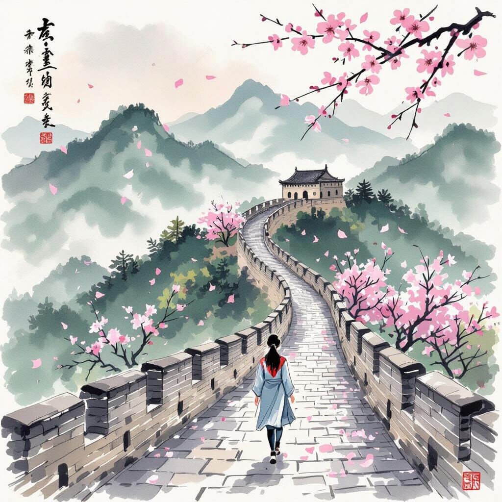 Woman Walks Great Wall in Ink Wash Style