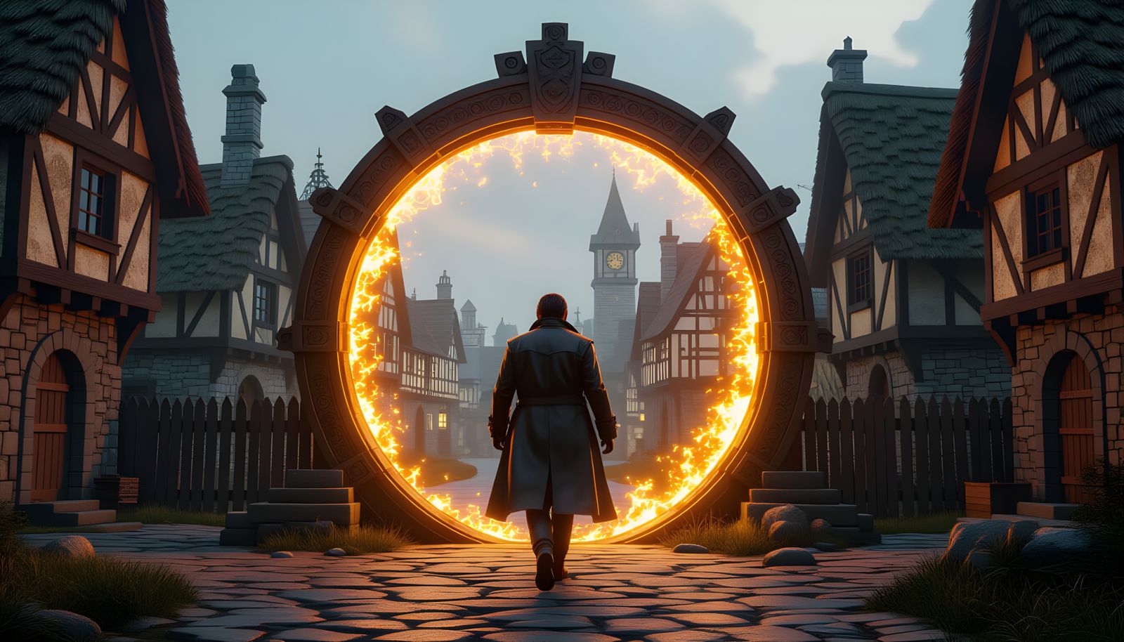 Scientist's Portal to Medieval Village in Digital Art Style