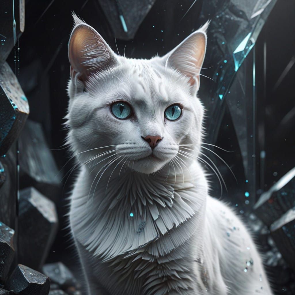 Neo-Cubist Sparkle Cat in Grayscale Watercolor