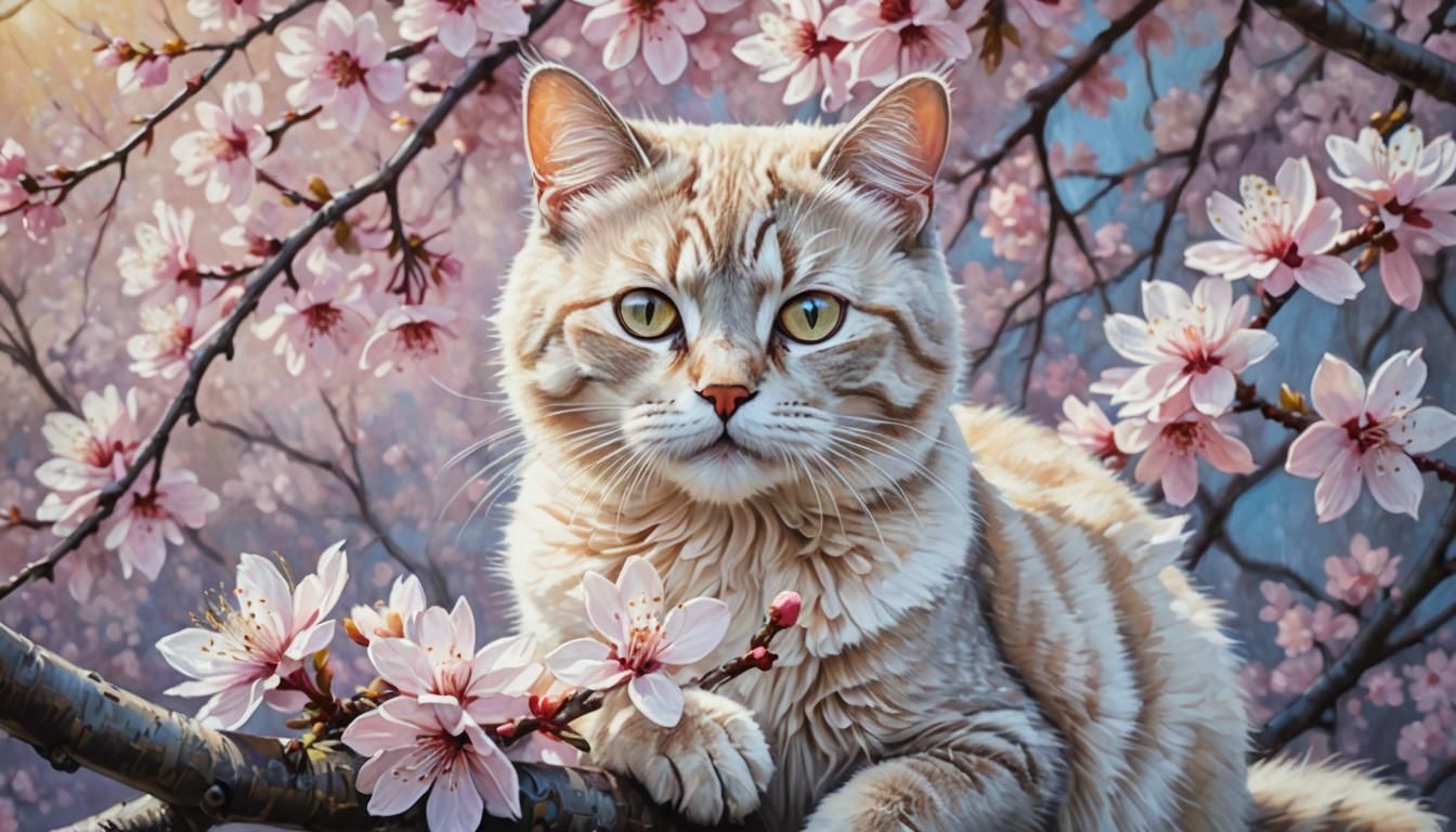 Impressionist Cat Portrait in Cherry Blossom Tree