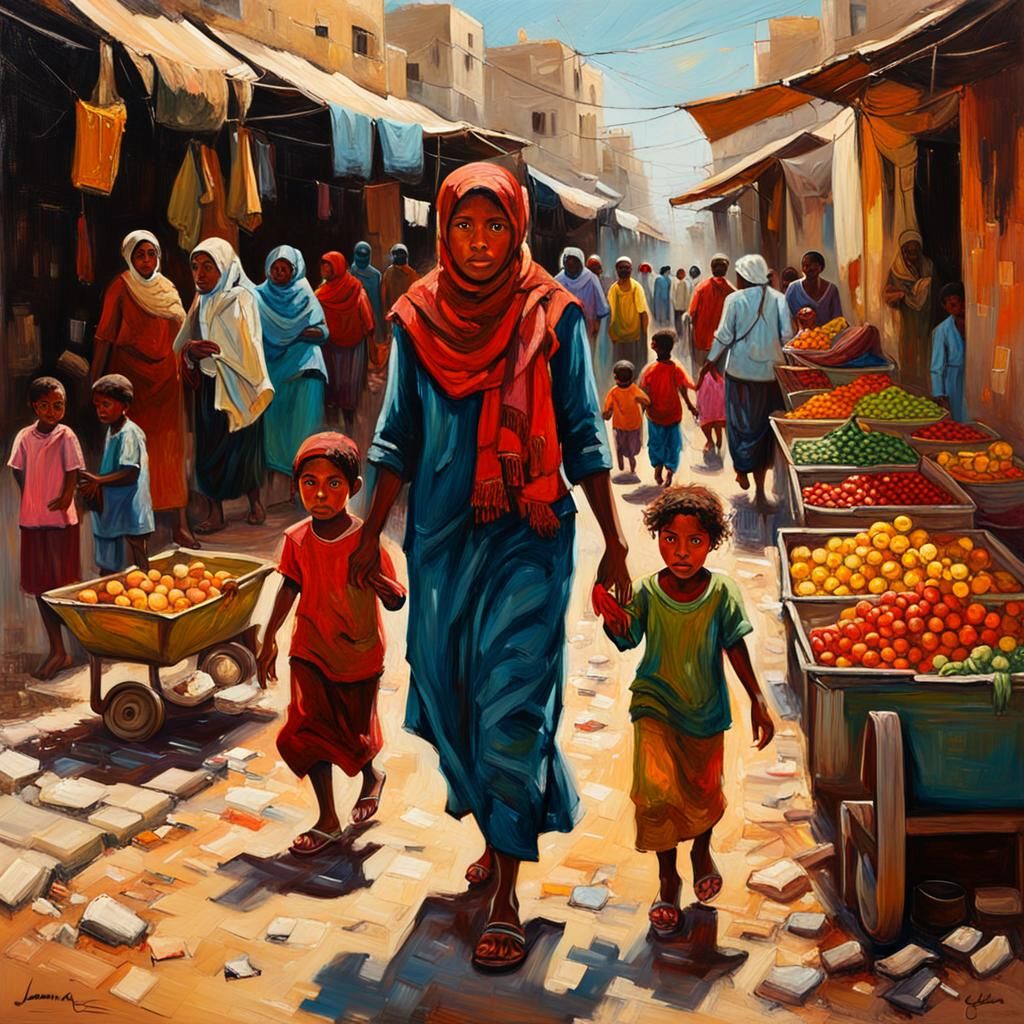 Lively Gaza Market Scene: Oil Painting with Impasto Details
