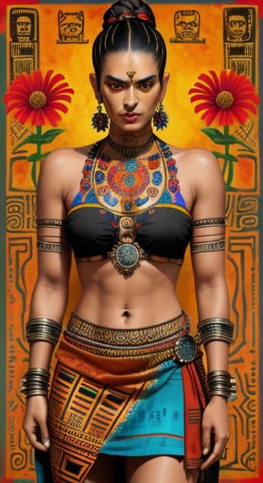 Frida Kahlo in Aztec Sarong, Oil Gouache Style