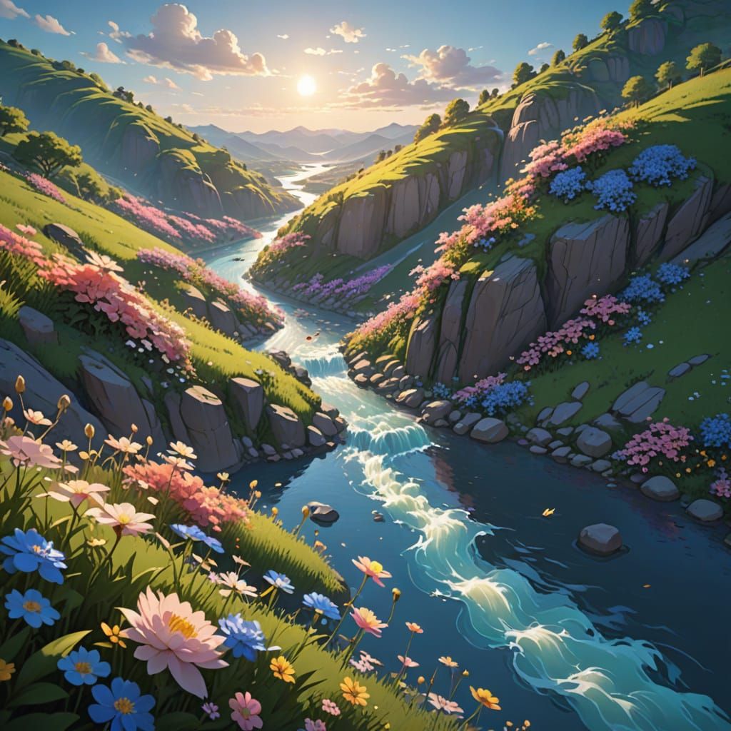 Ethereal Hillside With Flowers and Blue River in Anime Style