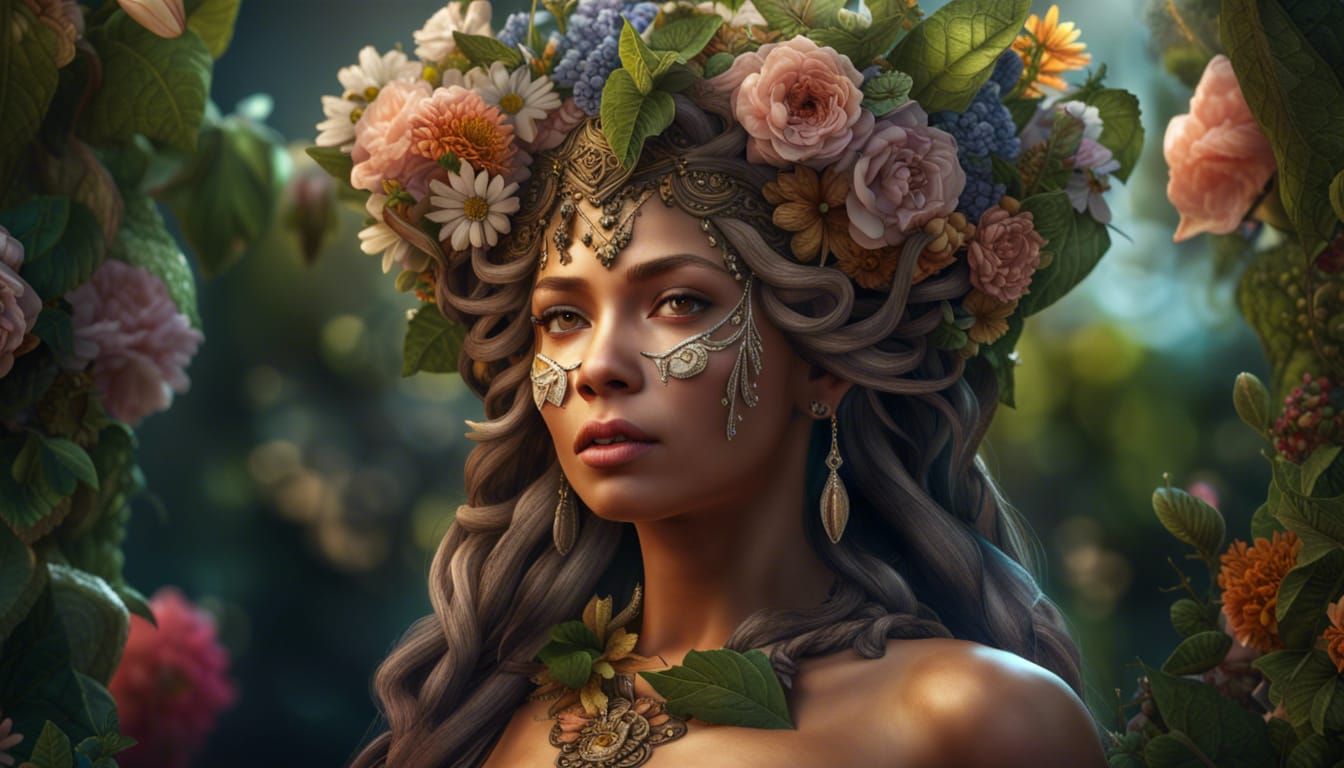 Earth Goddess with Flowers and Vines in HDR