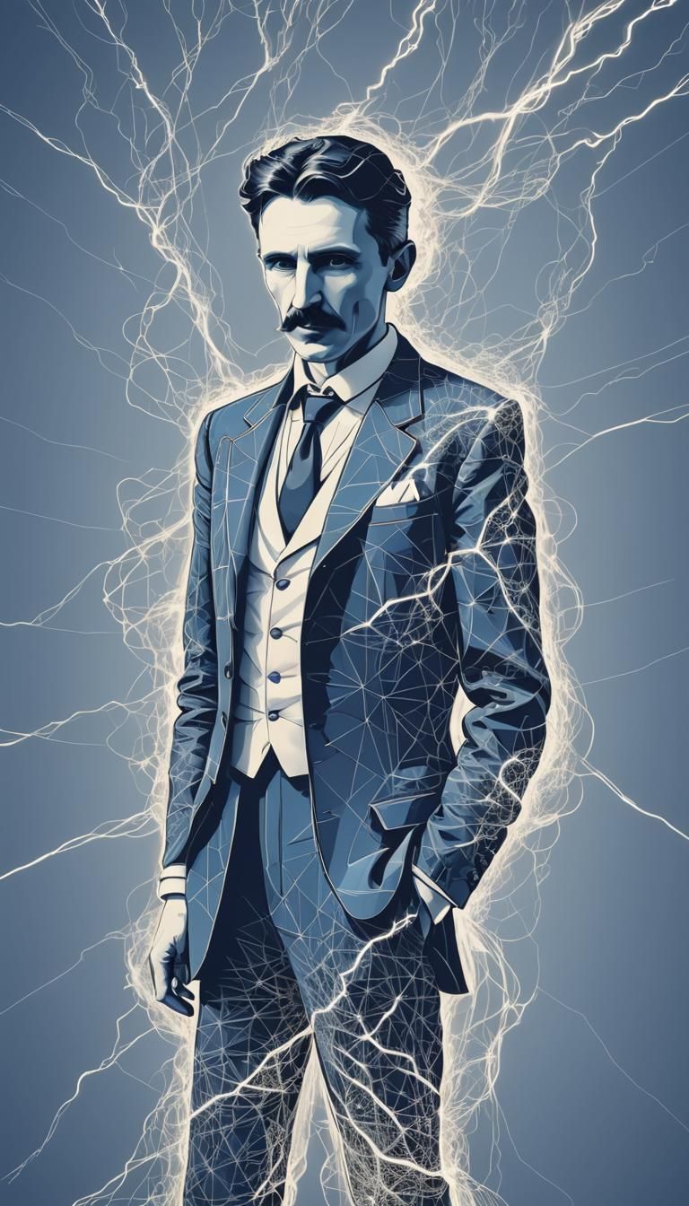 Nikola Tesla Silhouette in Neon Single Line Art