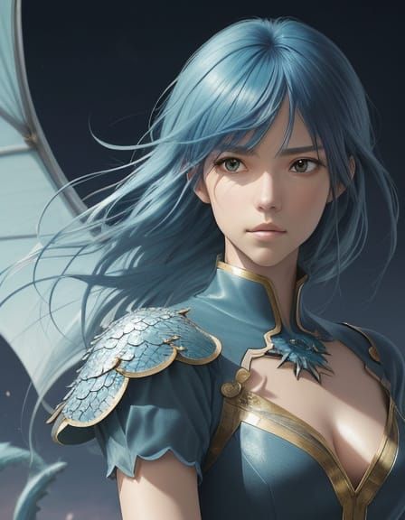 Ethereal Blue-Haired Dragon Woman in Soft Focus
