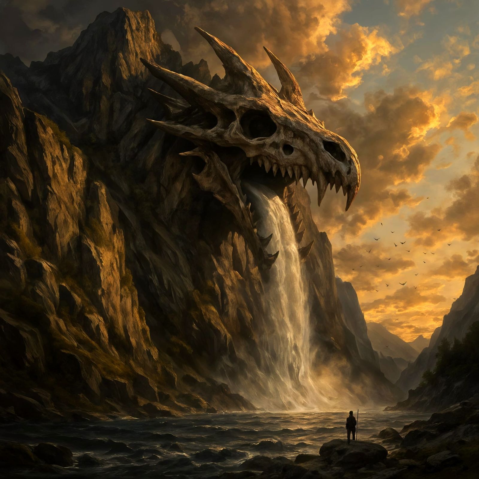 Skeletal Dragon Waterfall in Fantasy Landscape