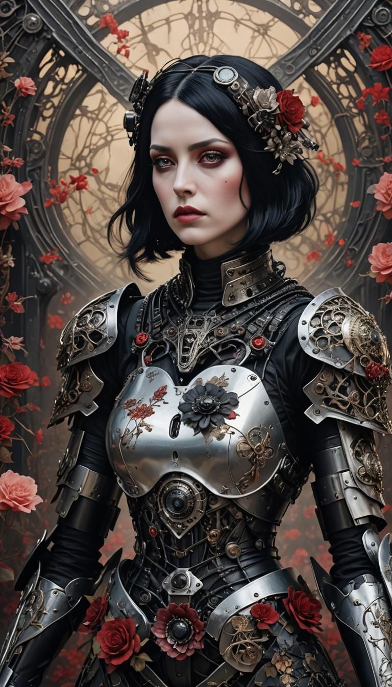 Gothic Woman in Power Armor: Dark Surrealism Portrait