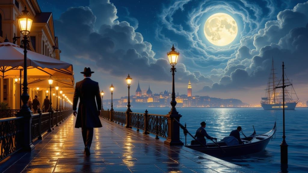 Film Noir Jazz Tableau: Man in Moonlit Harbor