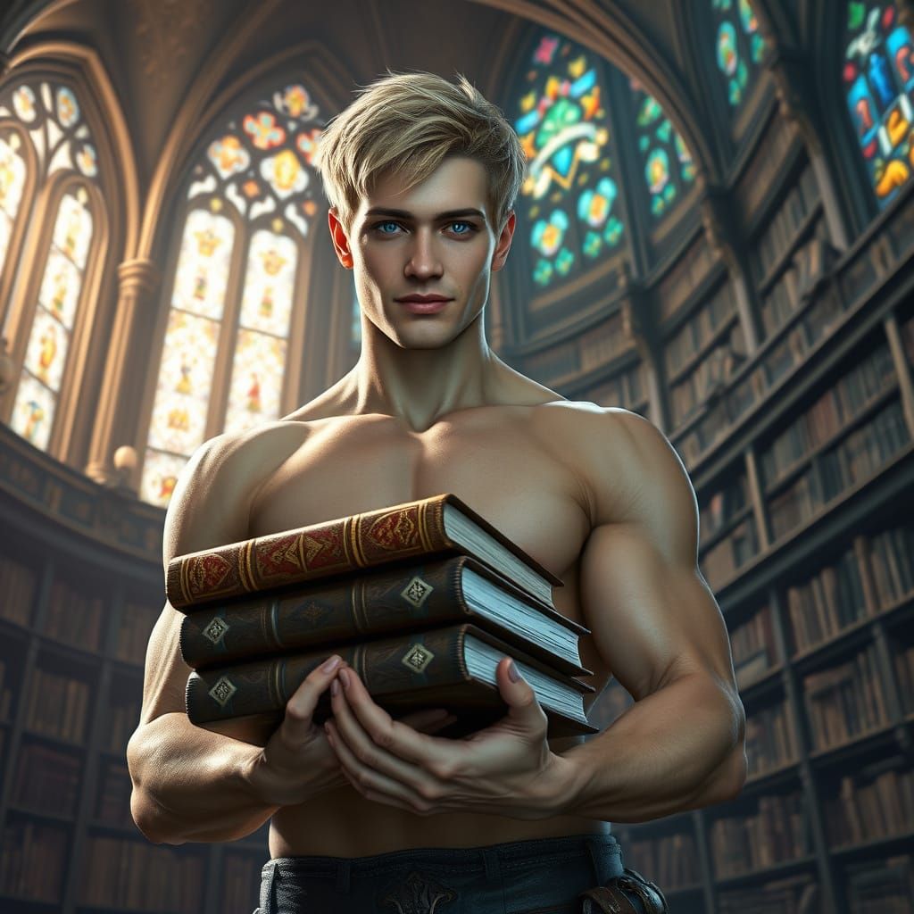Chiseled Scholar in Ancient Library