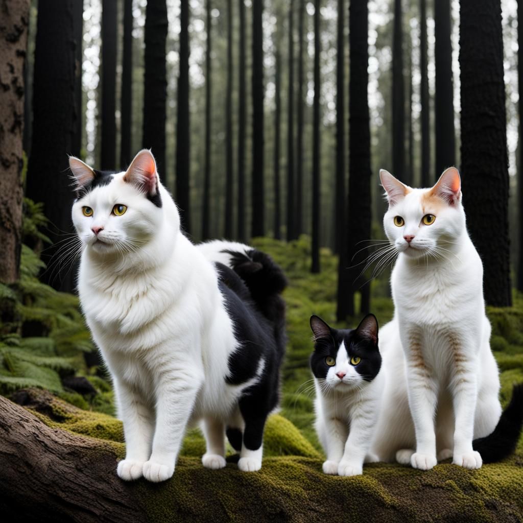 Three Cats in a Forest: White, Calico, and Black