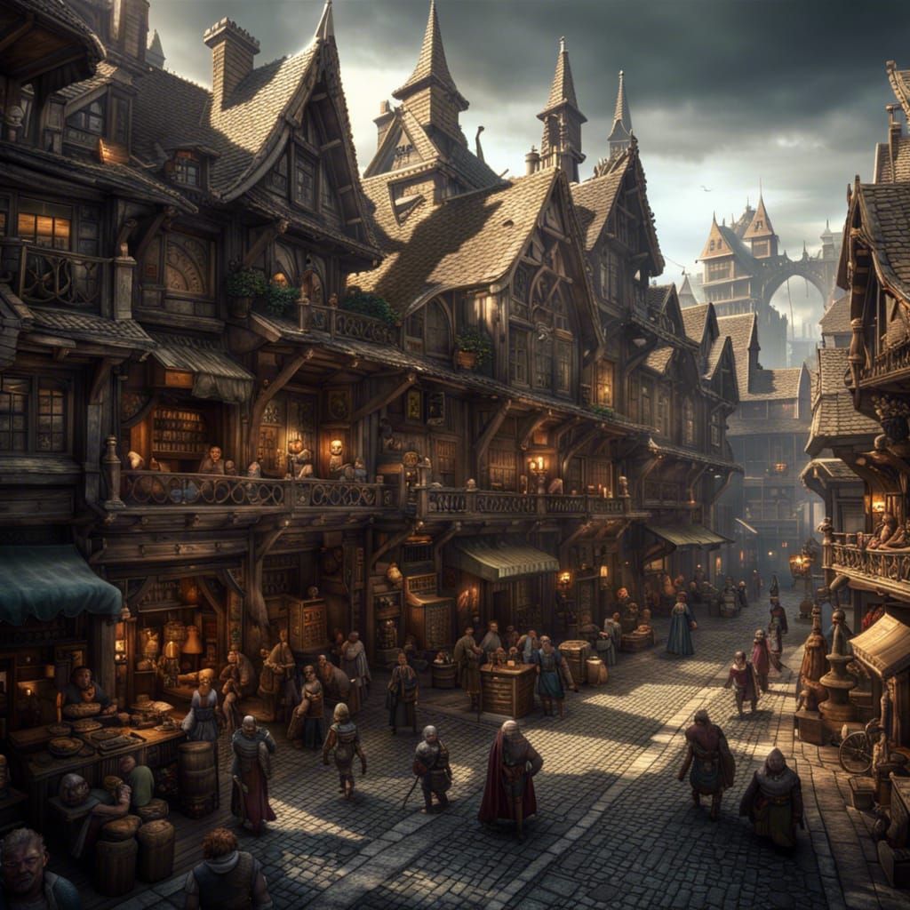 Fantasy City with Diverse Races Shopping Together