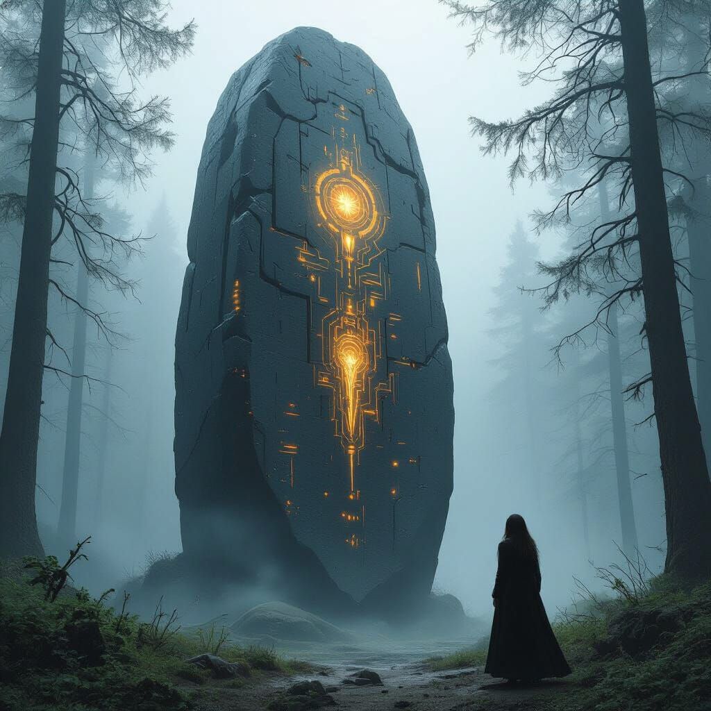 Biomechanical Menhir in Misty Forest, Dark Atmospheric Art
