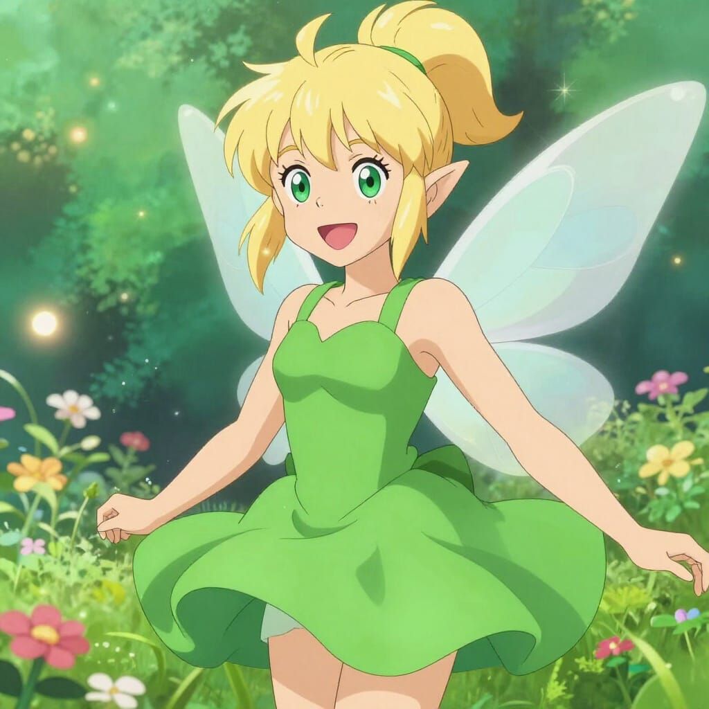 Joyful Anime Fairy with Blonde Hair and Green Dress