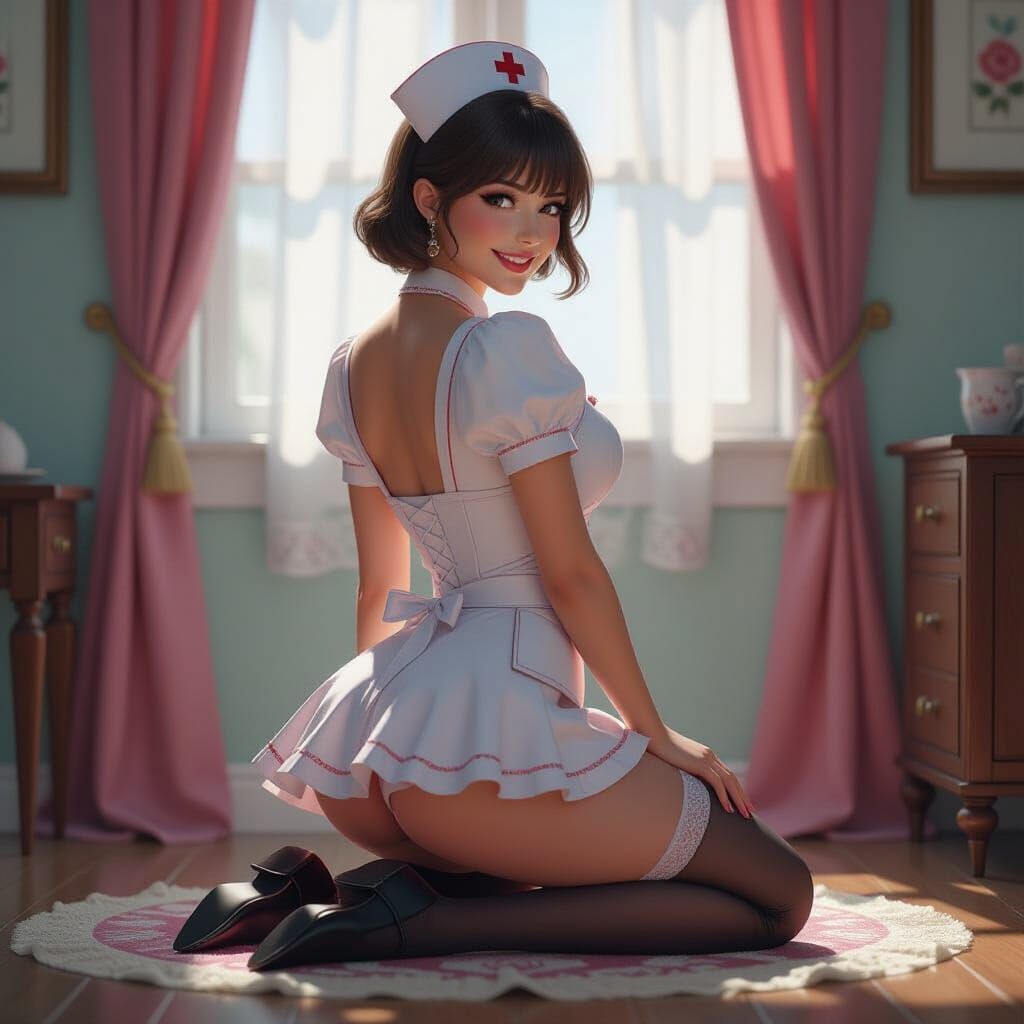 Romantic Nurse Kneeling, Detailed Fantasy Art