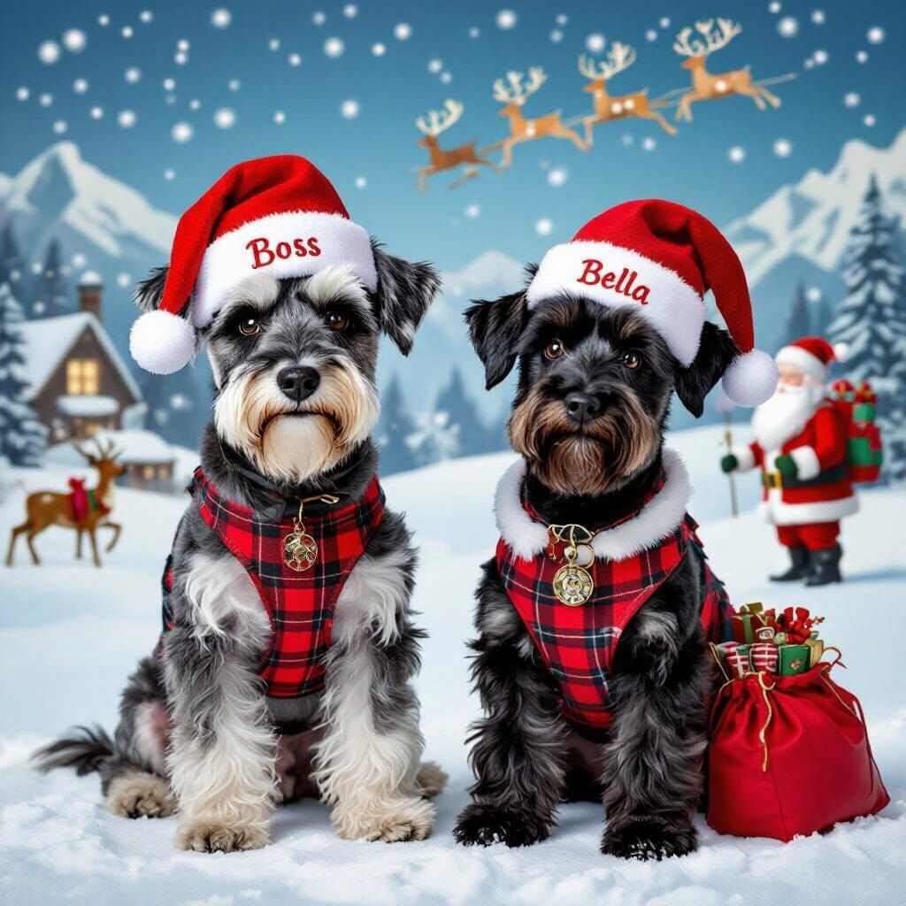 Schnauzers Celebrate Christmas, Digital Art